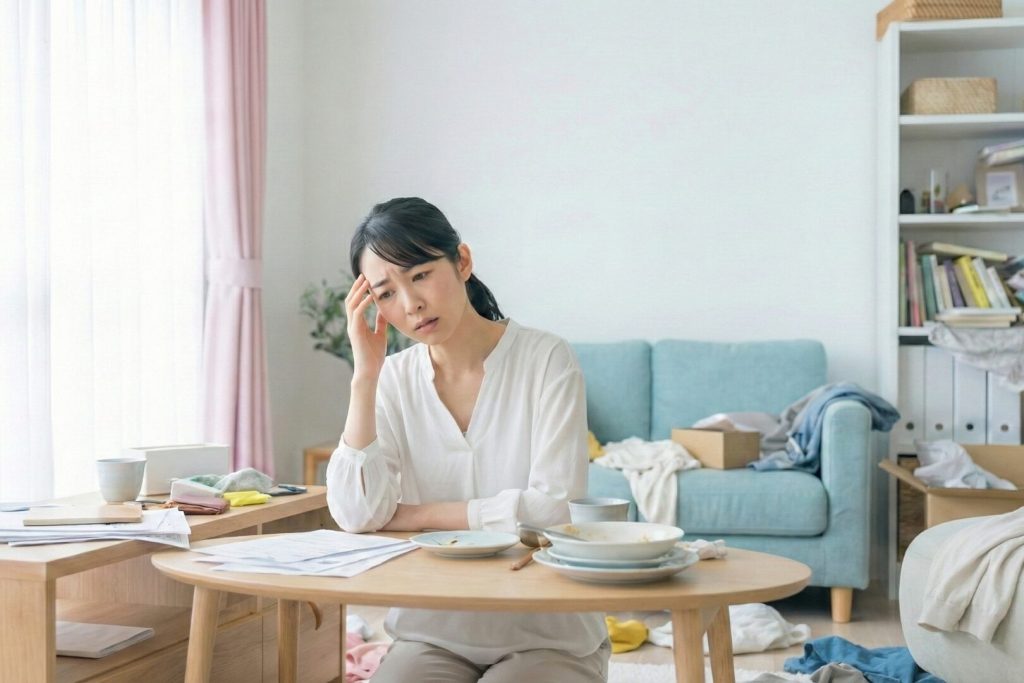 散らかった部屋で悩む女性