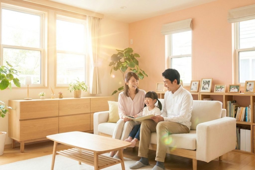 片づいた綺麗な部屋でくつろぐ家族